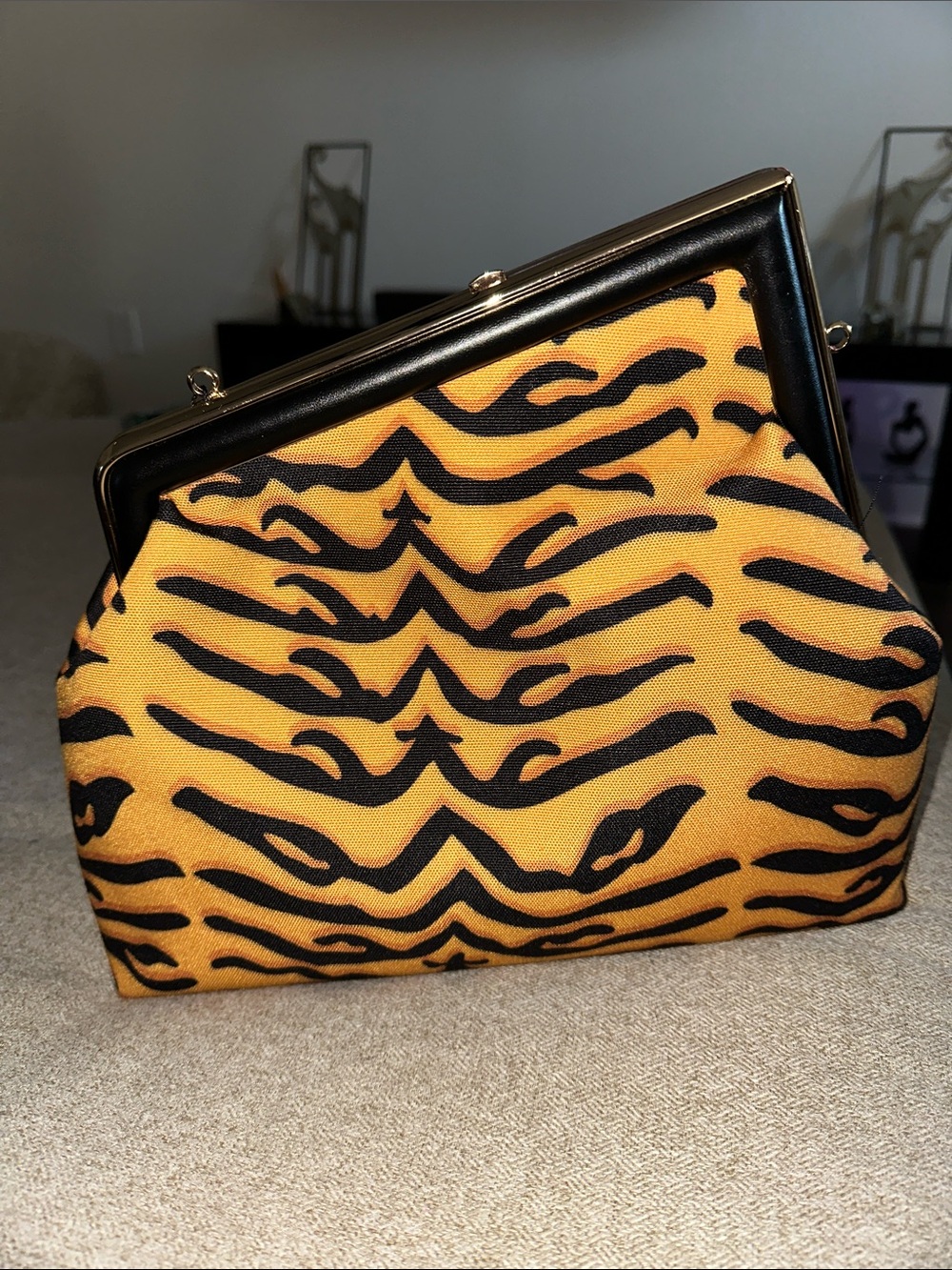 Tiger-Print Frame Clutch Wristlet - Yellow/Black